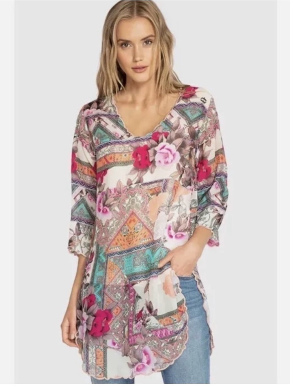 Johnny Was Charlotte Rose Multi Floral Print Blouse Tunic